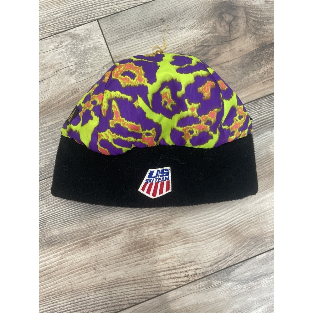 Vintage 90s US Ski Team Bula Rainbow Leopard Dayglo Hat Beanie One Size Rare!!